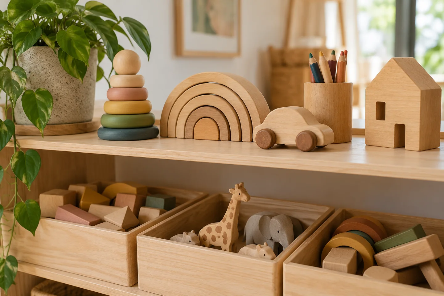 Houten speelgoed overzichtelijk op een plank
